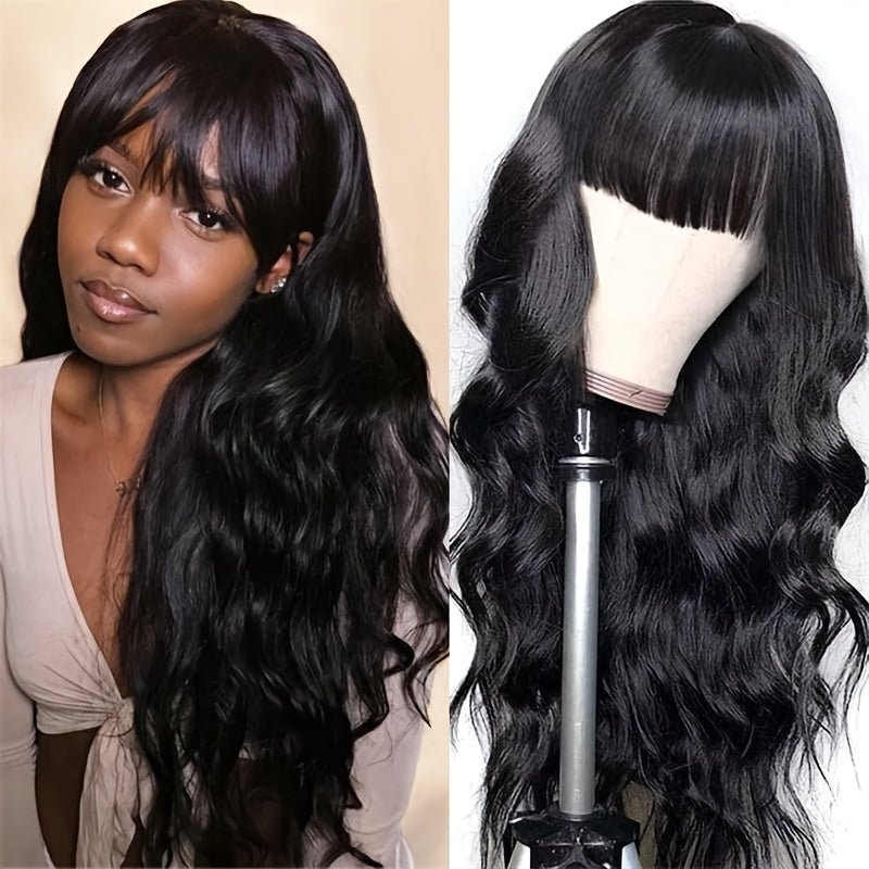 150% Density 100% Brazilian Virgin Human Hair Wig - Long Body Wavy with Bangs, Glueless Full Machine Made, Natural Black #1B - Perfect Gift for Women, New Year, Birthday & Valentine's Day